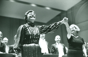 Margaret Hillis and Doreen Rao (director of the Glen Ellyn Children's Chorus) receive applause following the October 31, 1977, performance in Carnegie Hall (Robert M. Lightfoot III photo)