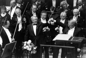Boulez and Daniel Barenboim acknowledge applause following a performance of Bartók's First Piano Concerto on April 1, 1995 (Cheri Eisenberg photo)